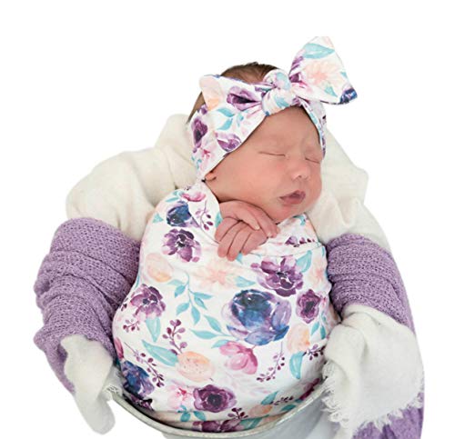 Newborn Floral Print Blanket Baby Stretch Wrap Swaddle Blanket Receiving Blanket with Matching Headband and Beanie