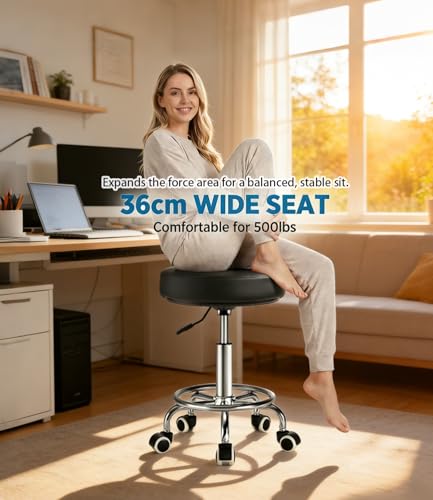 Image of Adjustable Rolling Stool with Wheels 500lb,Thick 9.5cm Cushion,30-Second Assembly,Heavy Duty Round Rolling Stool with Footrest,Patent Leather For Drafting Stool Chair Work Spa Salon Seat(Black)