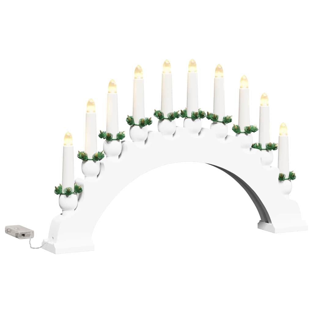 Świecznik bożonarodzeniowy z 10 świecami LED, biały, 47 x 29 cm, z litego drewna sosnowego, zasilany bateriami, do świątecznej dekoracji stołu i parapetu, trwała dekoracja bożonarodzeniowa