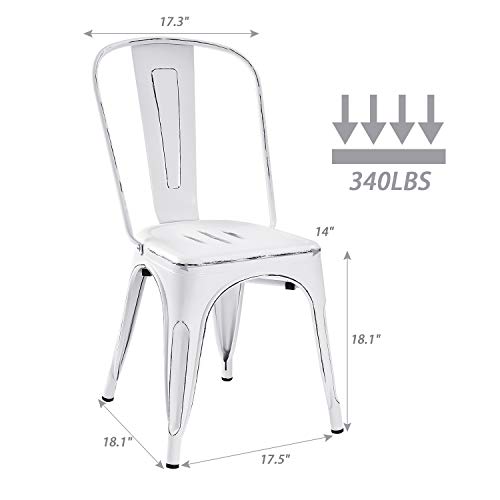 Image of Devoko Metal Indoor-Outdoor Chairs Distressed Style Kitchen Dining Chairs Stackable Side Chair with Back Set of 4 (White)