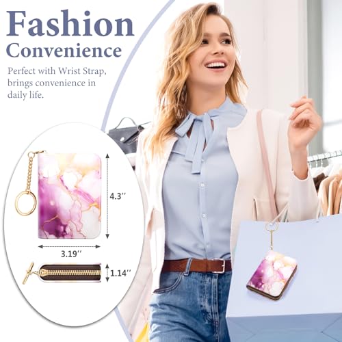 Image of Credit Card Holder RFID Wallet for Women, Small Leather Card Organizer Case with Zipper and Keychain, Cute Marble