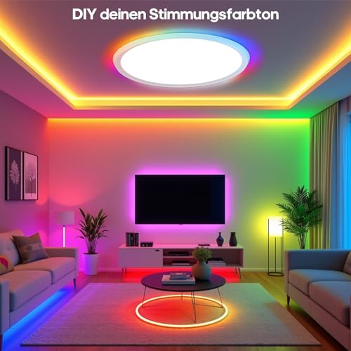 LED Deckenleuchte Flach Deckenlampe Flach Dimmbar mit Fernbedienung 3000K-6500K, 1800K Nachtlicht Amber Ceiling Lights Lampe für Schlafzimmer,Kinderzimmer,Wohnzimmer,Badezimmer (Rund - RGB)
