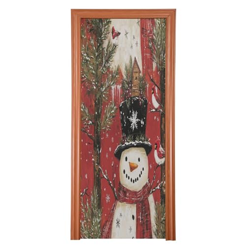 J JOYSAY Red Christmas Snowman Trees Door Decorations Door Cover Christmas Decorations Large Fabric Christmas Front Door Cover Decoration for Christmas Party,35x79 in