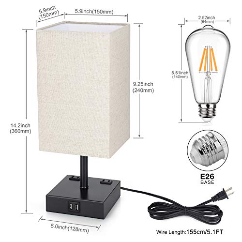 3 Way Dimmable Touch Control Table Lamp, Modern Bedside Desk Lamp with 2 Fast USB Charging Ports 2 AC Outlets, Nightstand Lamp for Bedroom Living Room Office, 60W LED Bulb Included, Black Base - Thumbnail 6