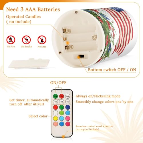 Image of Lights Flameless Candles Wildflowers American Flag Pillar Candles Set of 2 Battery Operated Remote Control Warm Lights Home Decor