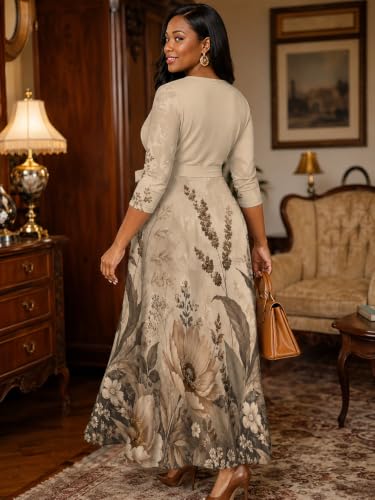 Image of PinkPatty Women's Plus Size V Neck 3 /4 Sleeve Boho Maxi Dress with Pockets