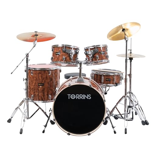 Image of TempoX Professional 5-Piece Acoustic Drum Set with 2 Cymbals & Hi-Hat (Brown) | Heavy-Duty Double Braced Stands | Complete Full Drum Set Kit for Practice & Performance