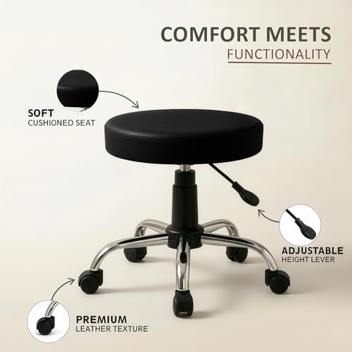 Image of DIYA Seating Nexa Round Stool (1 Year Warranty) with Adjustable Height, Wheels and Bonded Leather Upholstery, Sitting Stool for Salon, Doctor, Medical, Spa, Restaurant, Kitchen, Musicians- Black