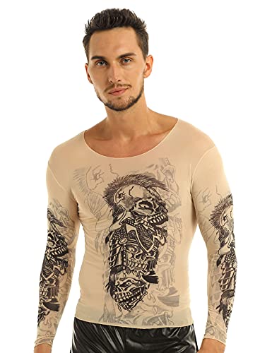 Nikiikoo Men's Sports Long Sleeve Elastic Cycling Fitness T-Shirt Fake Tattoo Tribal Inspired Print Tops Nude One Size #TOP3