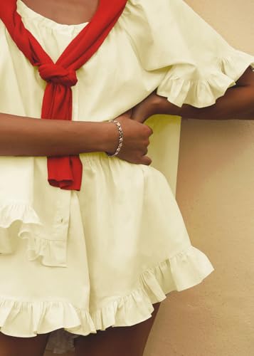 Image of Womens Fashion Summer Short Sets Short Sleeve Button Down Ruffle Trim Top and Shorts Cotton Pajama Sets