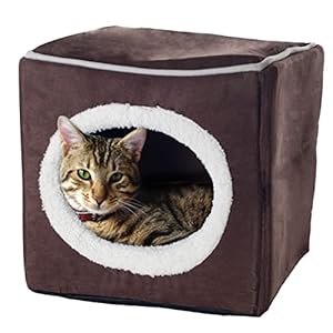 Cat House – Indoor Bed with Removable Foam Cushion – Cat Cave for Puppies, Rabbits, Guinea Pigs, and Other Small Animals by PETMAKER (Dark Brown) 13×13.5×12″