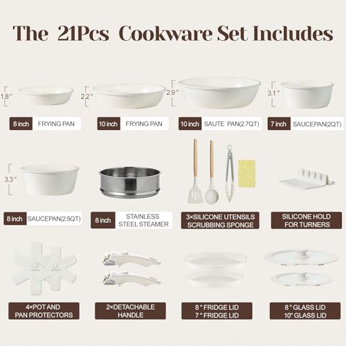 BECIGAR 21pcs Cream White Nonstick Ceramic Pots and Pans Set, Detachable Handle Cookware, Induction Compatible, Oven Safe, Stackable Cookware Set - Image 2