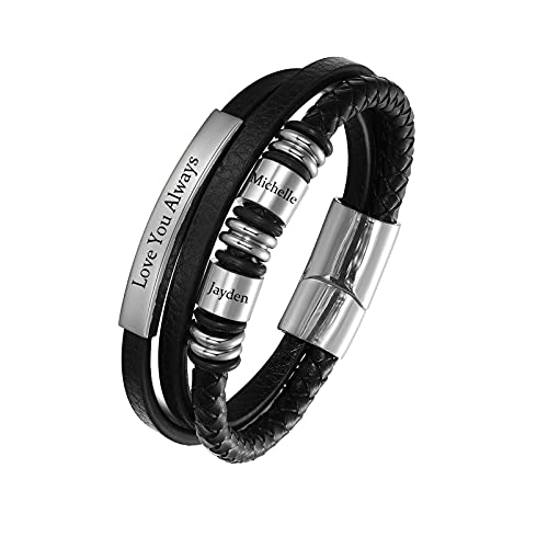 Bauma Auto Personalized Mens Braid Leather Bracelets With 1-4 Engraved Names Beads Custom Mens Name Bracelet Engraved Leather Bracelet For Men Fathers Bracelet (Style 7) #TOP4