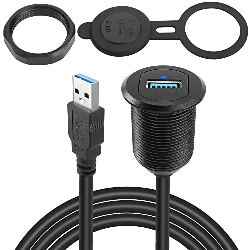 QIANRENON 5Gbps USB3.0 Fijación roscada Embedded Coche Impermeable Cable USB3.0 Macho a Hembra Panel Montaje Extensión Cable, Luces LED, AL Carcasa, para Salpicadero Coche Barco Moto, 2m/6.5ft