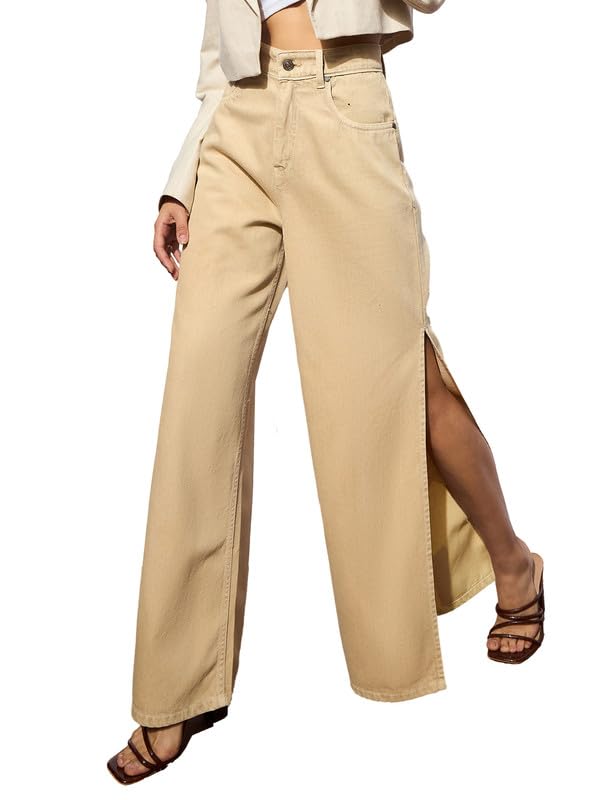 Image of Beige Side Slit Wide Leg Jeans