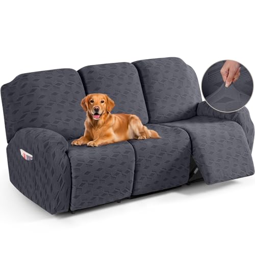 TAOCOCO Recliner Sofa Covers Stretch Reclining Couch Cover, Jacquard Recliner Couch Cover for 3 Seat Furniture Protector Sofa Slipcovers with Elastic Bottom for Kids, Pets (Dark Grey)