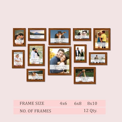 Image of Family Photo Frame Set of 12 for Wall Decor, Wooden Finish Collage Picture Frames for Living Room, Bedroom, Multi-Size Wall Hanging Gallery Frame Set, (7 Set 4x6, 4 Set 6x8, 1 Set 8x10 Inch)
