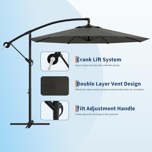 10FT Cantilever Umbrella outdoor patio, Offset Patio Umbrella with Easy Lift & Tilt Adjustment, UV Protection Fade Resistant for Deck, Pool, Garden, Gray