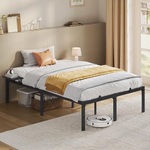 VASAGLE Struttura Letto Una Piazza e Mezza, Telaio Letto in Metallo con Ripiani Portaoggetti, per Materassi da 120 x 190 cm, Montaggio Facile, Nero Classico RMB090B01