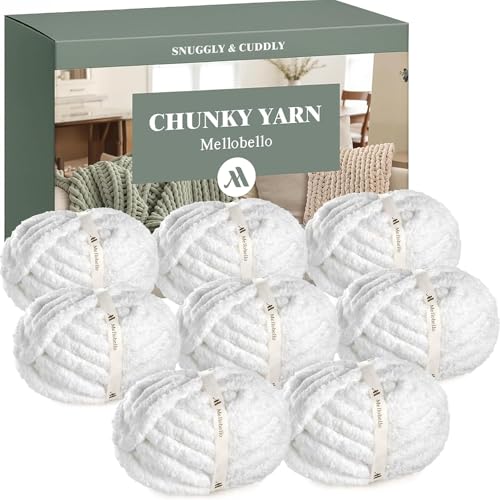 Jumbo Chenille Chunky Yarn for Crocheting - Super Bulky Fluffy Chunky Yarn for Hand Knitting - Extra Thick Soft Blanket Big Yarns 8 Jumbo Pack (26yds 8 oz Each Skein) Pure White