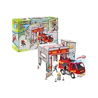 Revell Junior Kit 852 Fire Station Playset with Fire Engine Fireman Building Screw Games for Children from 4 Multi-Coloured