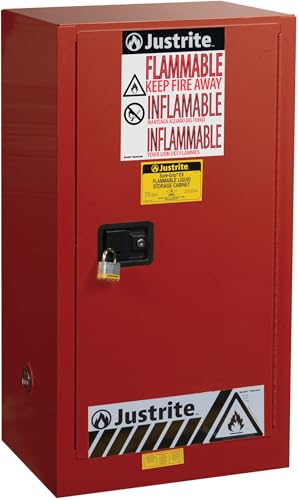 Justrite 15 Gallon Self Close Countertop Flammable Storage Cabinet, 18 Gauge Steel, 1 Shelf, 1 Door Fire Cabinet, 44" x 23" x 18", Made in The USA, Red, 891521