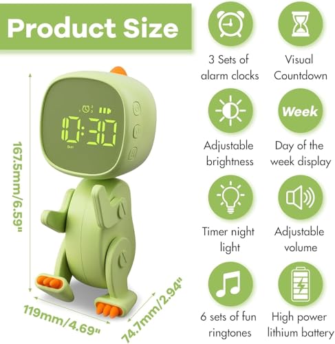 Image of Digital Dynamic Dinosaur Bedroom Alarm Clock with Timer Night Light Gift for Kids Boys Girls Students -Green