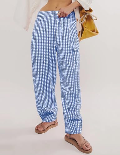 Image of PEHMEA Cotton Gingham Boxer Pants for Women Casual Plaid Harem Trousers Y2K Beach Lounge Bottoms with Pockets