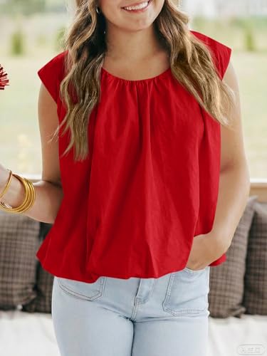 Cicy Bell Womens Summer Cap Sleeve Blouses Casual Pleated Open Back Crew Neck Bubble Tank Tops Bow Tie Cotton Shirts Red — view 4