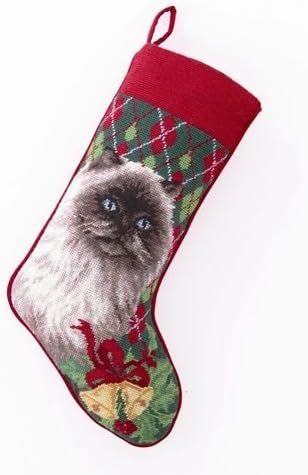Himalayan Cat / Kitten with Bells Christmas Stocking, Wool Needlepoint, 11 Inch X 18 Inch