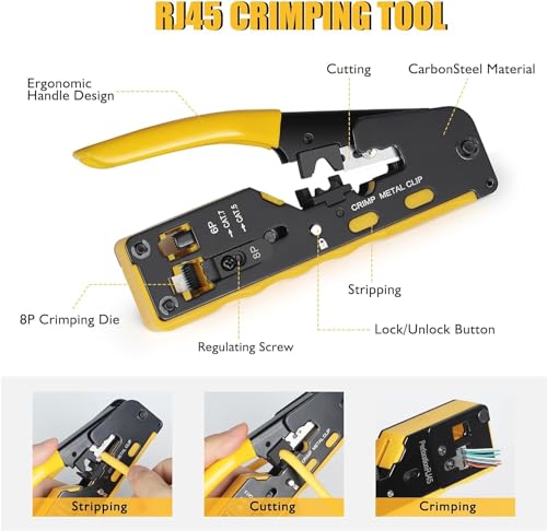 Image of XIKKART RJ45 Crimping Tool Kit, Passthrough Cat7 Cat6A Cat6 Cat5E Cat5 RJ45 Ethernet Crimp Tool with 10PCS Cat7 Pass Through Connectors 10PCS Cat6 Pass Through Connectors 10PCS Covers 1 Network Tester