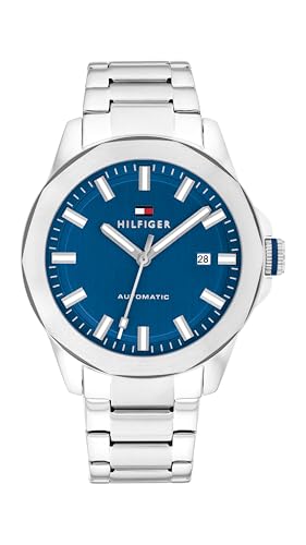 Tommy Hilfiger Men's Automatic Watch – 44 mm Stainless Steel Case and Link Bracelet, Exhibition Caseback – Modern Skeleton Dress Timepiece