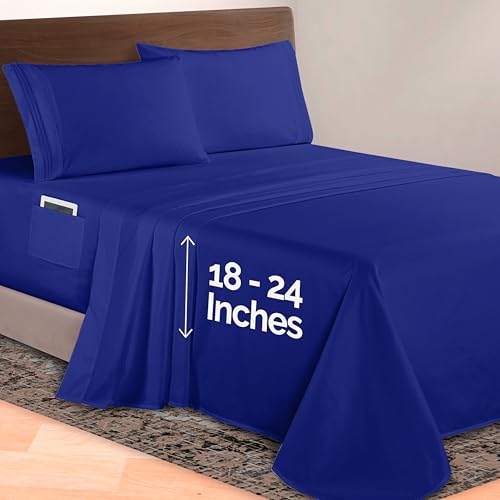 Image of Elegant Comfort Luxurious 1500 Premium Hotel Quality Microfiber 4-Piece Sheet Set, 18-24 Inches Deep - Extra Deep Pocket Sheets - Ultra Soft 4PC Deep Pocket Sheets, California King, Royal Blue