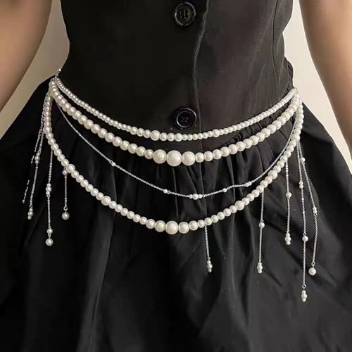 Multilayer Imitation Pearl Waist Chain for Women Trendy Waistband White Pearl Body Chain Long Tassel Pendant Waist Chain Wedding Bridal Dress Belt Fashion Trend Metal Chain Body Chain Jewelry4