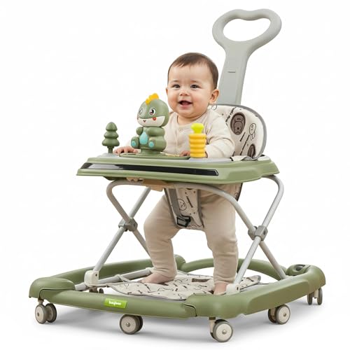 Image of Baybee 3-in-1 Convertible Baby Walker for 6-18 Months with Rocking Mode, Removable Toy Bar, Inbuilt Music, 3-Level Height Adjustment, Smooth Wheels & Parental Handle | Foldable Infant Activity Walker with Cushioned Seat (Green)