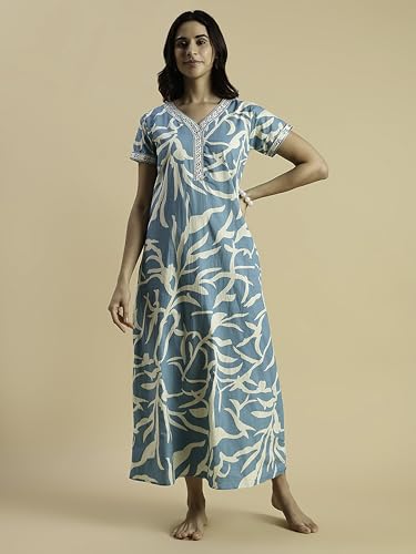 Image of 9shines Label Stylish Pure Cotton Nighty Maxi for Women | Embroidery Neckline Nightgown | A-Line Nightdress with Pocket | Floral Night Gown| Soft Comfortable Cotton Sleepwear (Cotton Yoke)