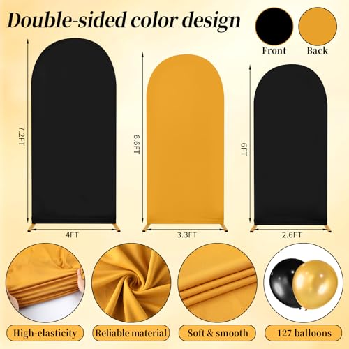Double Color Wedding Arch Cover Set of 3 7.2ft 6.6ft 6ft Spandex Fitted Arch Stand Covers with Balloons Party Sign Round Top Backdrop Cover for Wedding Birthday Party Bridal Baby Shower (Black+Gold) by Lonfliness - Used condition - Image 2