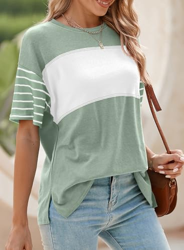 Dokotoo Summer Tops Trendy Oversized 2025 Crewneck Casual Color Block Striped Womens Shirts Blouses4