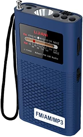 Portable Backlit AM/FM Radio MP3 Player Pocket Transistor with Flashlight 2200mah Battery Operated, Long Antenna Best Reception, Powered Replaceable,Bass,TF Card Player,Easy Tuning at Night(Blue)