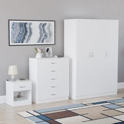 Vida Designs Riano - Set di 3 pezzi per camera da letto, 1 cassettiera, cassettiera con 5 cassetti, armadio a specchio a 3 ante, bianco