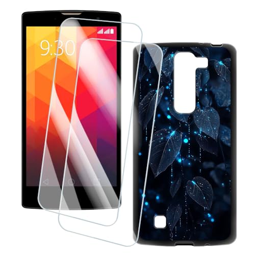 OAGELIM 2 Pack Screen Protector + Case Compatible with LG G4 Mini (5 inch) Case Artistic Cover and Tempered Glass Film Anti-Scratch (Leaves)