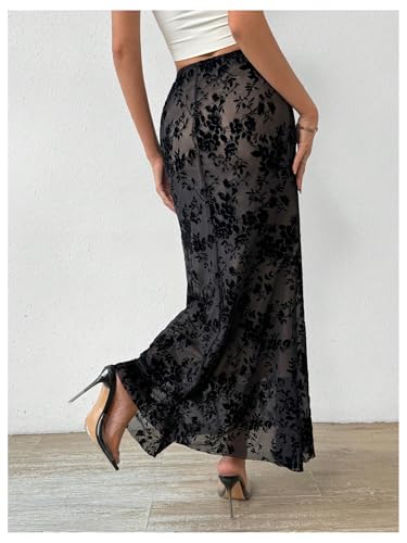 GORGLITTER Women's Y2K Goth Maxi Skirts Ditsy Floral Mesh Gothic Skirts Ruffle High Waist Long Skirts2