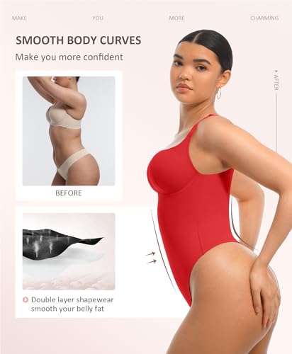 Image of FeelinGirl Bodysuits for Women Tummy Control Thong Shapewear Body Suit Sexy Deep V Neck Corset Tops for Women