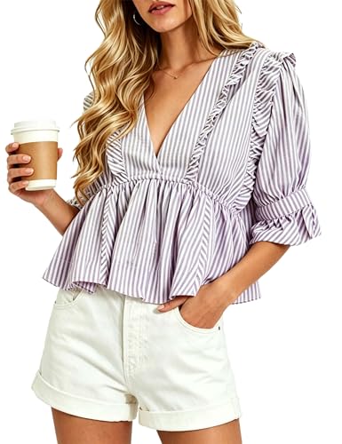 Image of Bozanly Womens Summer V Neck Short Sleeve Crop Tops Striped Shirts