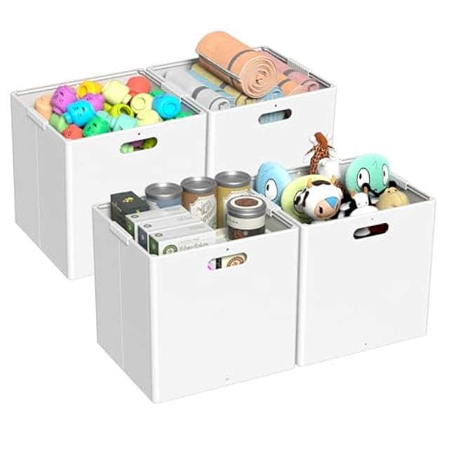 13 Inches Plastic Foldable Storage Cube Bins, Collapsible Storage Cubes, 4 Packs, White