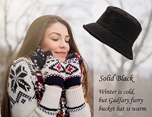 Image of Bucket Hat Women Furry Fuzzy Bucket Hats for Ladies, Winter Warm Fluffy Plush Faux Fur Hat for Women