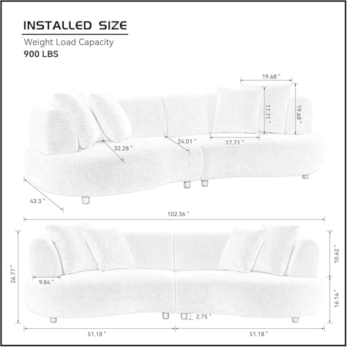 Image of Shie Wood Art Modern Curved Sectional Sofa, 4-Seater Sofa Couch, Living Room Furniture L Sofa for Living Room, Bedroom, Hallways (Off White, Boucle)