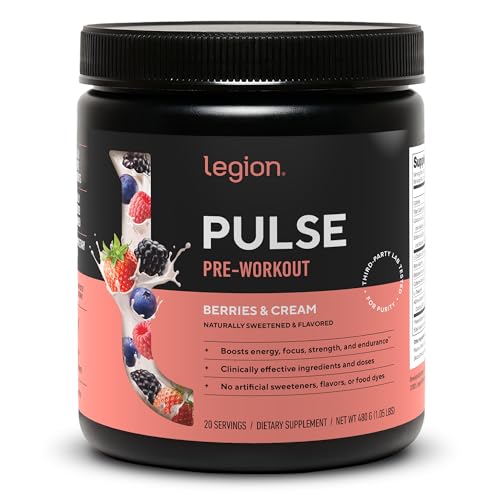 Image of LEGION Pulse - All Natural Nitric Oxide Preworkout Drink to Boost Energy, Creatine Free, Naturally Sweetened, Beta Alanine, Citrulline, Alpha GPC (Berries and Cream)