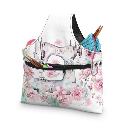 Image of KUIFORTI Yarn Bag Crochet Bag Organizer, Canvas Tote Yarn Storage Knitting Bag for Crocheting, Travel Crochet Bags and Totes, Crochet Accessories, Sewing Machine Flower Design, Large Size