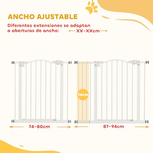 Miniatura 4 de Pawhut Barrera De Seguridad Para Perros Extensible 74-94 Cm, Para Puertas Y Escaleras, Barrera Para Perros Con Extensión 14 Cm, Montaje A Presión Y Doble Bloqueo, Blanco